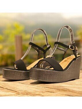 Black Wedge Sandals With Adjustable Straps & Metallic Detail - Womens Sole & Fab